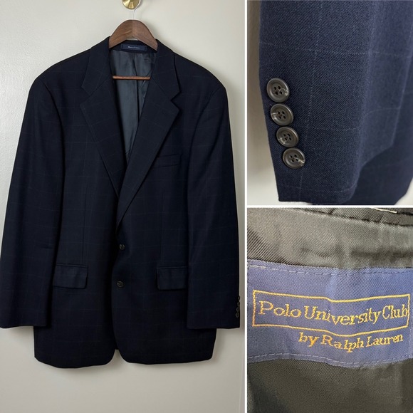VTG Polo University Club Mens Navy Blue Wool Blazer Jacket Size 44T Window Pane - Picture 1 of 14